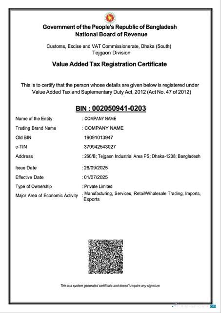 Bangladesh VAT registration certificate Word and PDF template, version 2